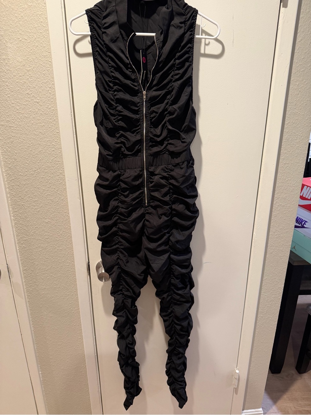 Fashion Nova Black Ruched Zip-Front Jumpsuit